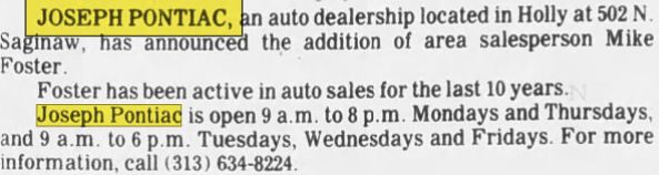 Joseph Pontiac (Johnson Pontiac) - May 1988 Article